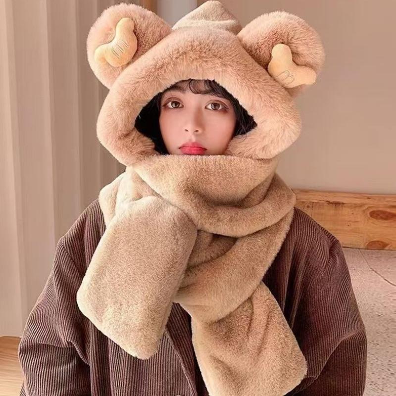 Hat Women's Winter Three-piece Set Thickened Scarf Gloves One-piece Hat Student Warm Cute Scarf Plush One-piece Hat