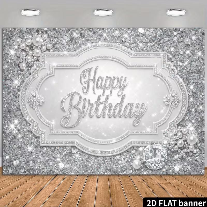 2D Silver Glitter Diamond Happy Birthday Backdrop Banner Party Photography Background