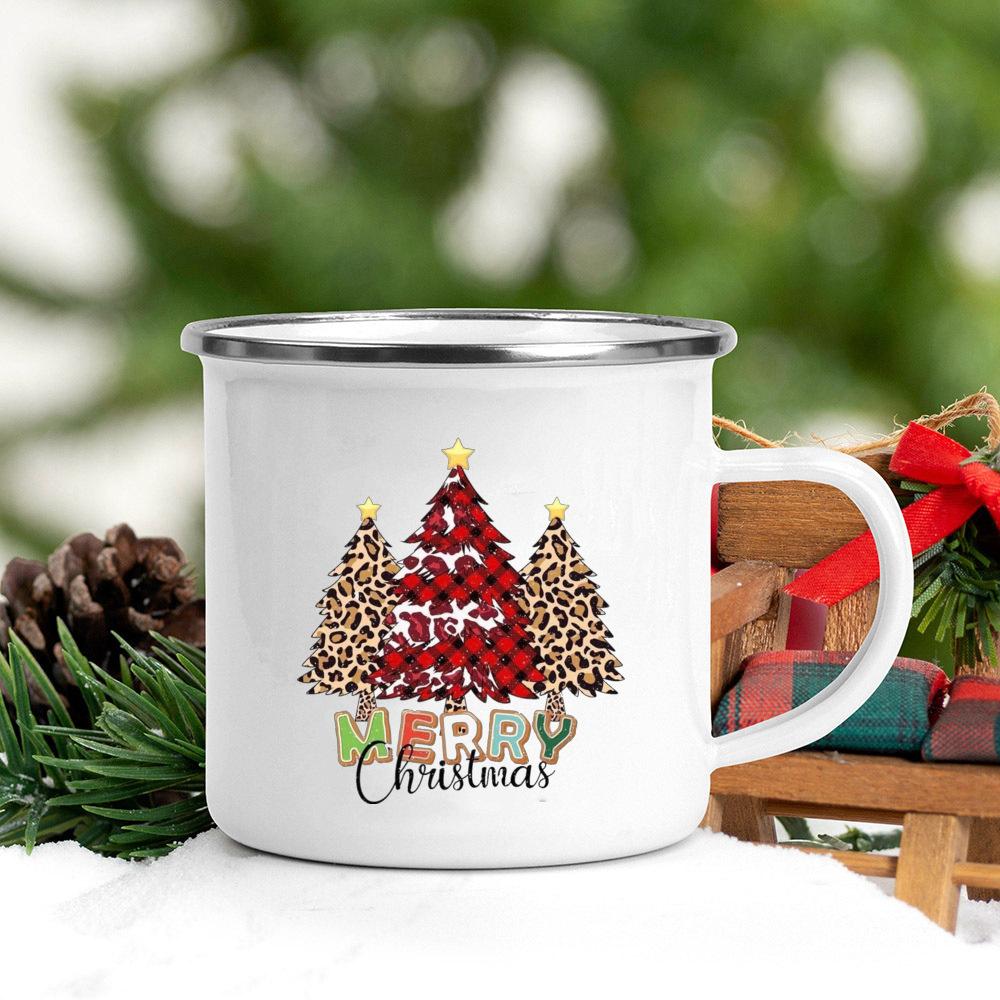 Santa Deer Truck Print Creative Enamel Cups Christmas Party Drink Juice Hot Cococ Cup Mugs Handle Mug Gifts for Family Friends