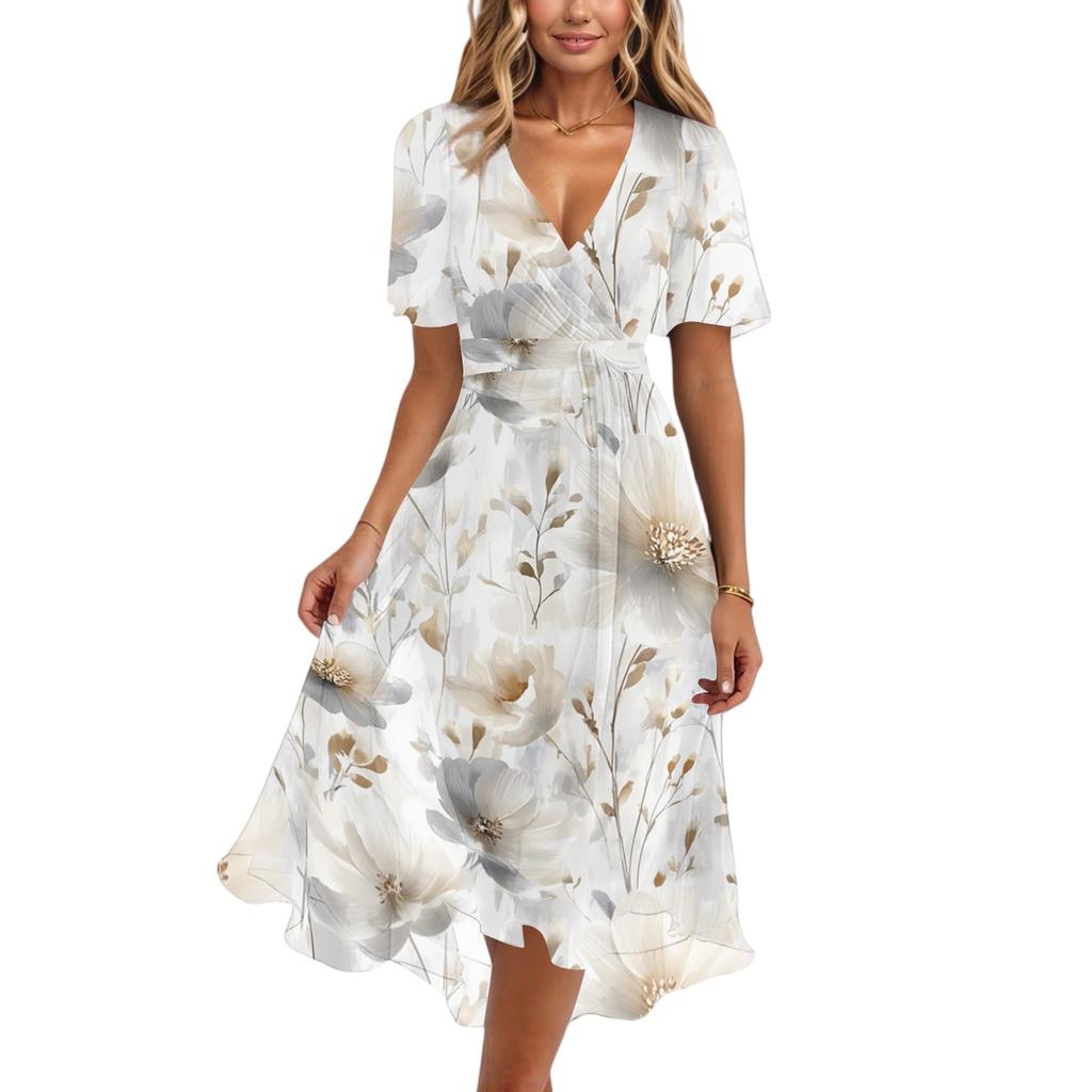 Women Casual V Neck Short Sleeve Floral Print Dress Vintage Style Midi Length Wrap Dress for Daily Wear