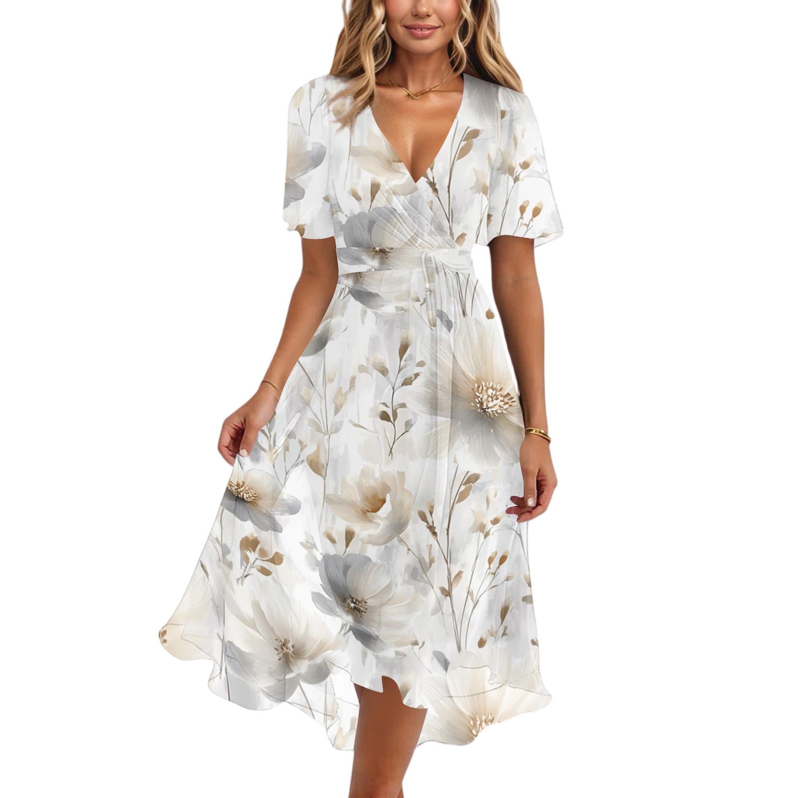 

Women Casual V Neck Short Sleeve Floral Print Dress Vintage Style Midi Length Wrap Dress for Daily Wear XL
