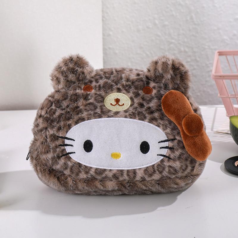 Plush Leopard Print Hellokitty Pencil Case With Large Capacity For Students And Kids