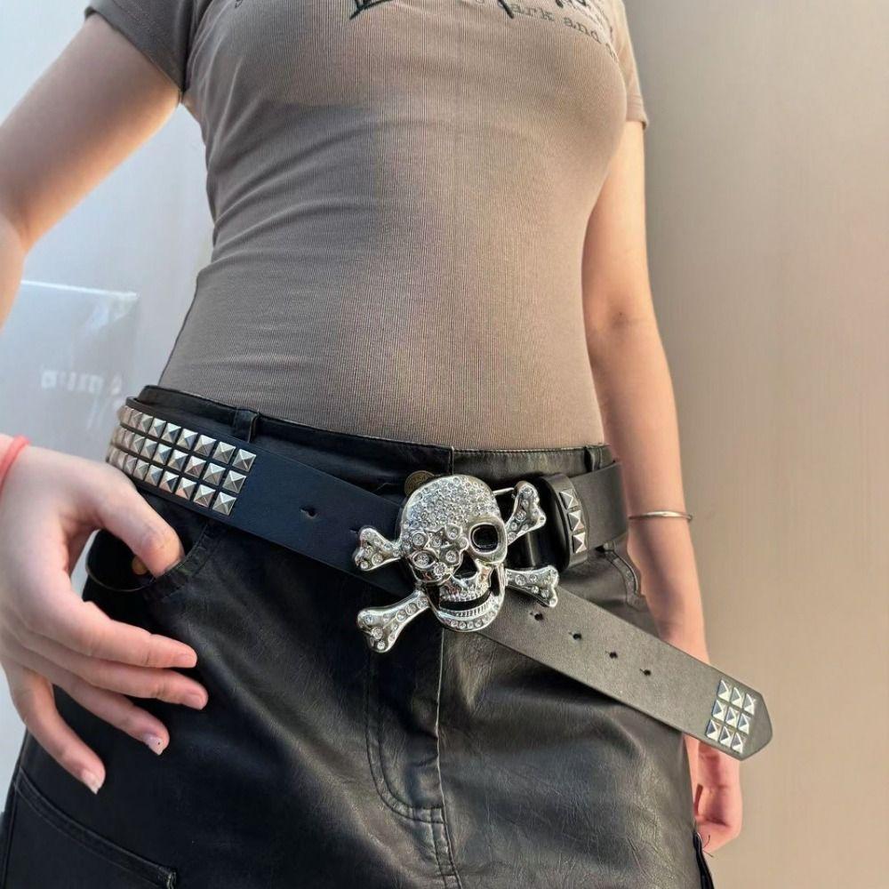 Rhinestone Black Rivet Belt Adjustable Skeleton Belt Skull Wide Waistband Trouser Decoration