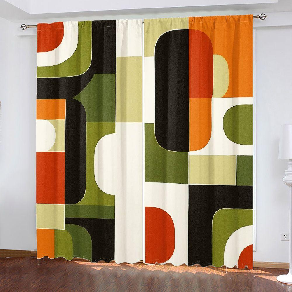 Retro Geometric Curtains 2pcs – Mid-Century Modern Abstract Design In Orange Green Black Cream, Living Room Decor