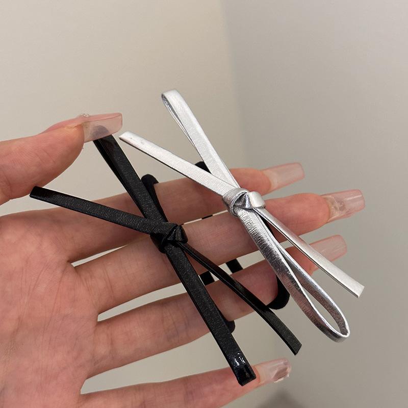 Delicate Silver Leather Bow Hair Clips, Girlish Hair Bands, Sweet Low Ponytail Hair Ties