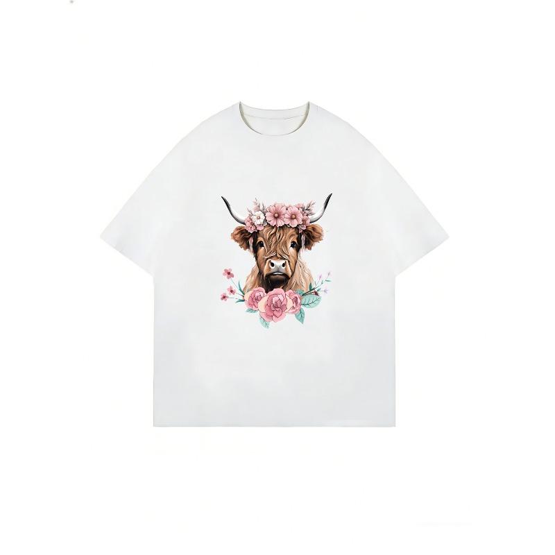 Oversized T Shirt Black Cow With Flower Crown And Roses Print Casual Streetwear For Women