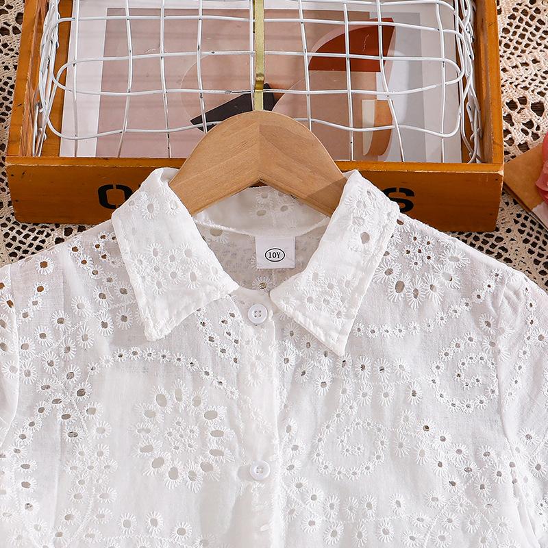 Girls' Fashionable Dress - Summer Children's Elegant Embroidered Lace Open-front Short-sleeved Shirt Dress