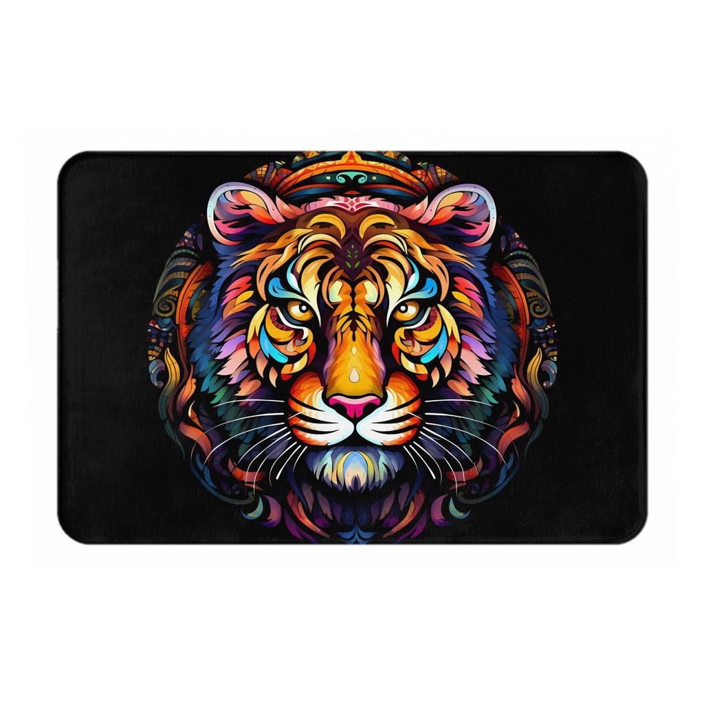 Psychedelic Tiger Head Doormat Black Background Printed Polyester Machine Washable Entrance Floor Mat