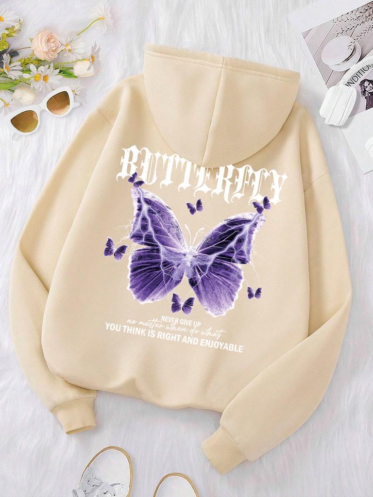 Wunderschöne Lila Schmetterlingsdruck Kapuzenpullover Damen Fleece Tasche Kapuzenpullover Einfacher Lässiger Hoodie Herbst Locker Weiblich Streetwear