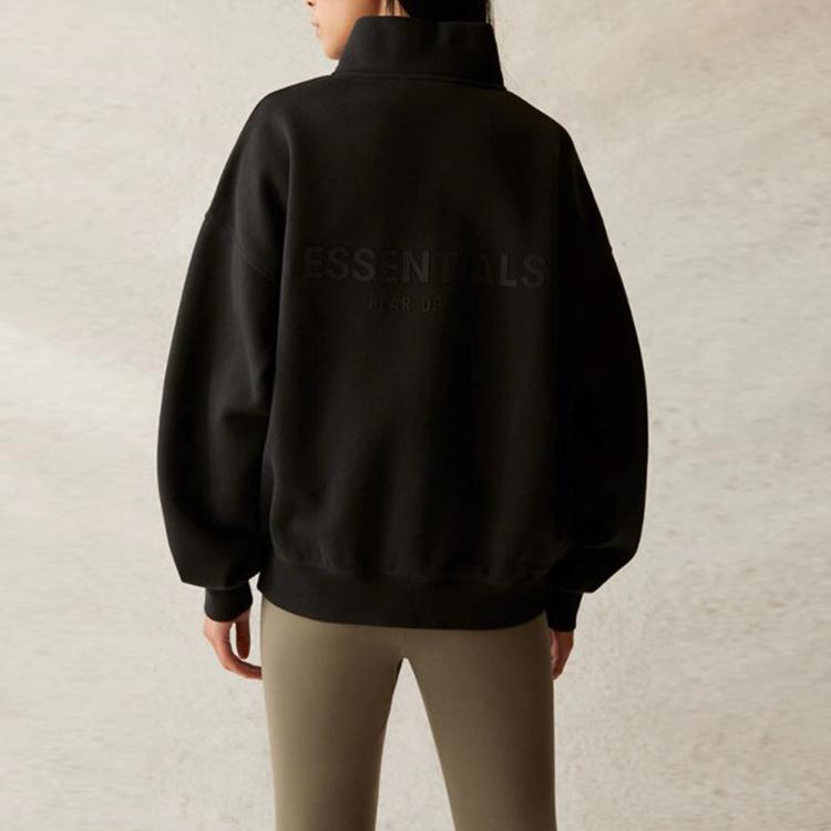 Fear of God Essentials SS21 Mockneck Half-Zip Fleece Sweatshirt With Logo Print Unisex Tops Black FOG-SS21-575