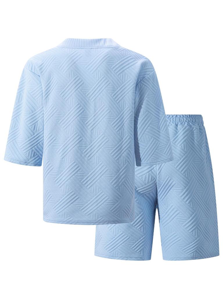 Men's Casual V-Neck Jacquard Two-Piece Set: Short-Sleeved Shirt & Shorts