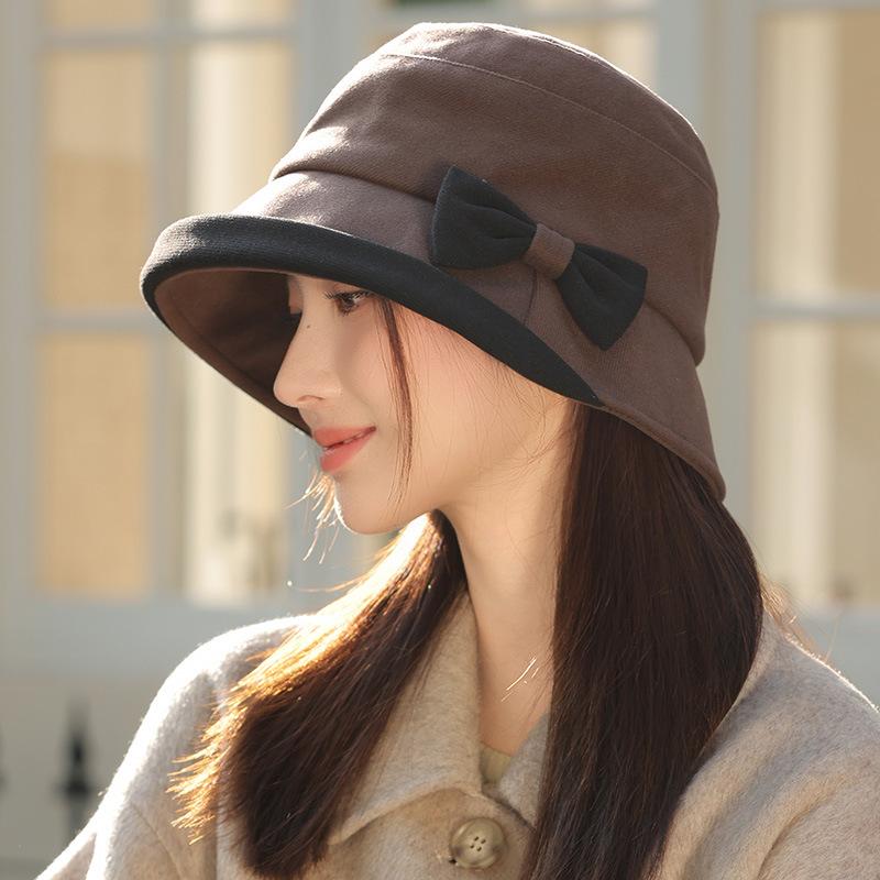New Autumn and Winter Bow Hat for Women with High End Fisherman Hat Casual and Versatile Warm Bucket Hat Showing Face Small Basin Hat