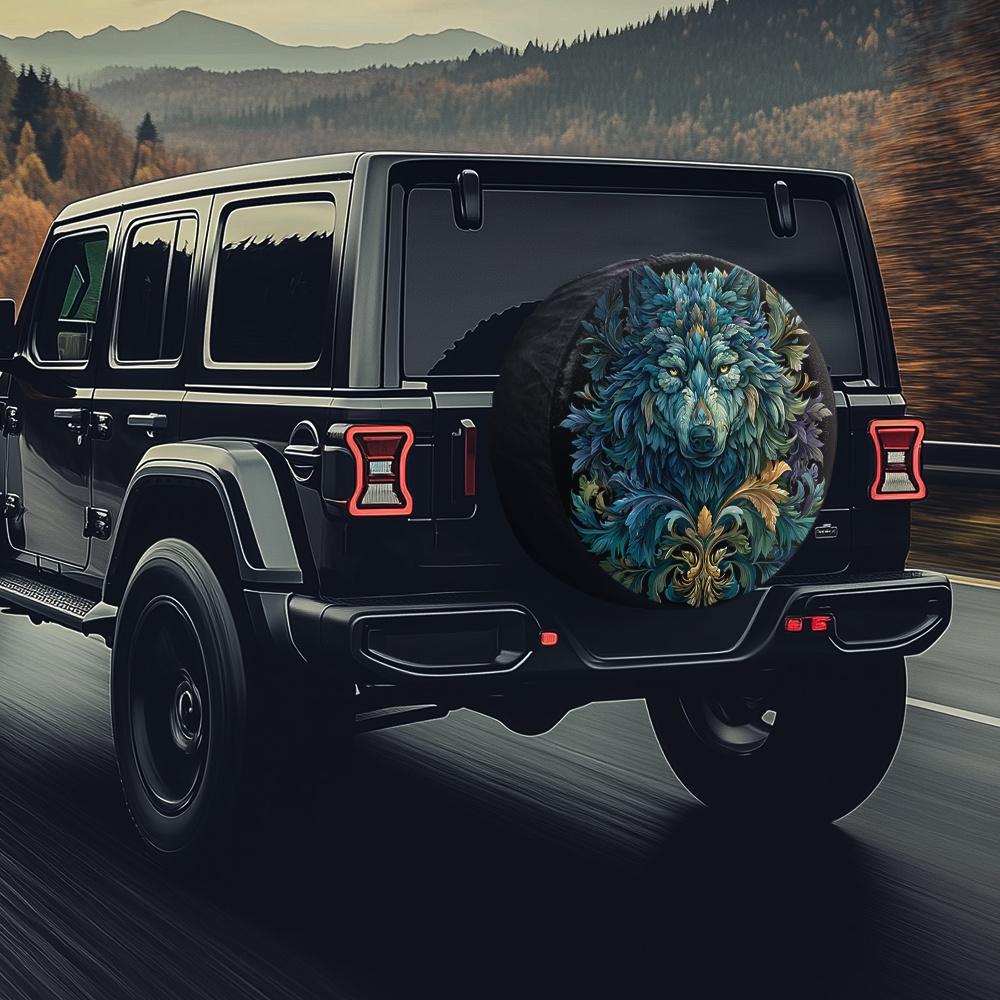 Flower-patterned Wolf Head Design Tire Cover, Compatible With All-terrain SUVs, Vintage Sedans, And Camping Pickups. Features A