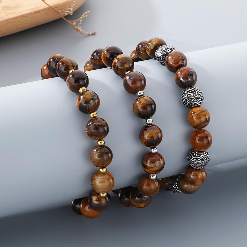Natural Tiger Eye Stone Beaded Bracelet for Men Women Vintage Stainless Steel Jewelry Adjustable Chain Accessory Gift