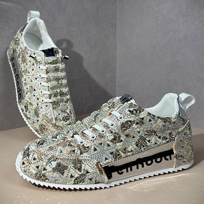 Zapatos Casuales Planos Mocasines para Hombre de Diseñador de Lujo con Cordones, Bloques de Color con Pedrería, Suela Gruesa, Zapatillas Deportivas para Caminar de Fiesta