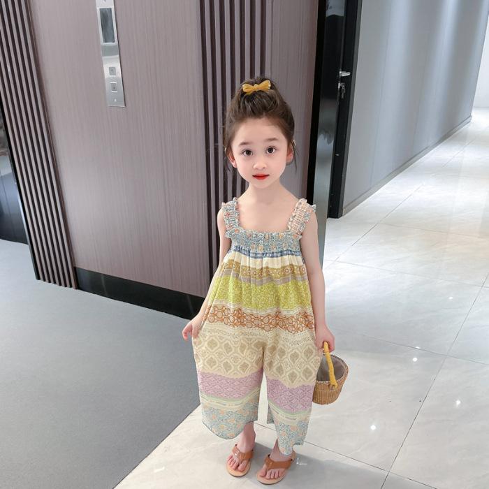 Girls Summer Sleeveless Floral Jumpsuit with Wide Legs Lightweight and Sweet 90