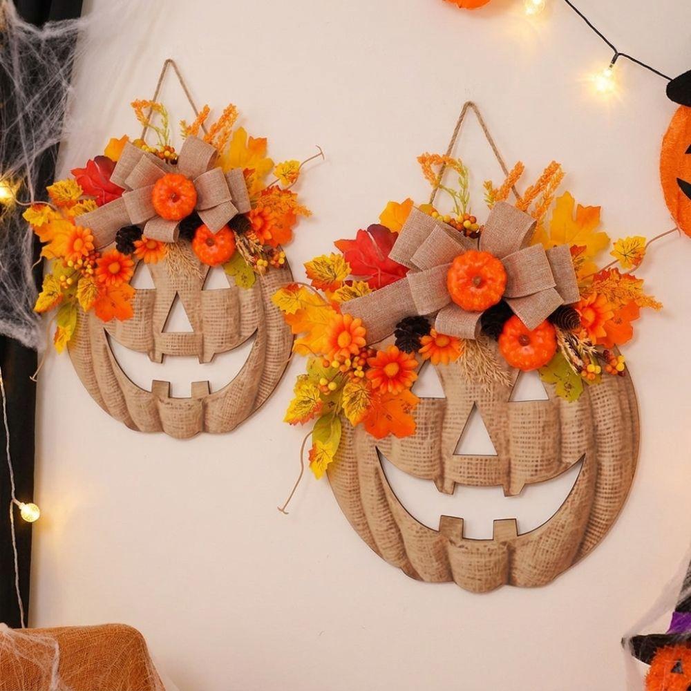 With Bow Halloween Wooden Pumpkin Door Hanger Harvest Maple Leaf Hanging Plaque Autumn Harvest