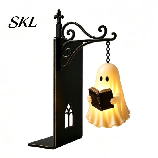 Black Cat Moon Book Support Gothic Metal Bookends with Hanging Light, Raven Ghost Decorative Night Light for Desk Bookshelf Lamp, Vintage Church