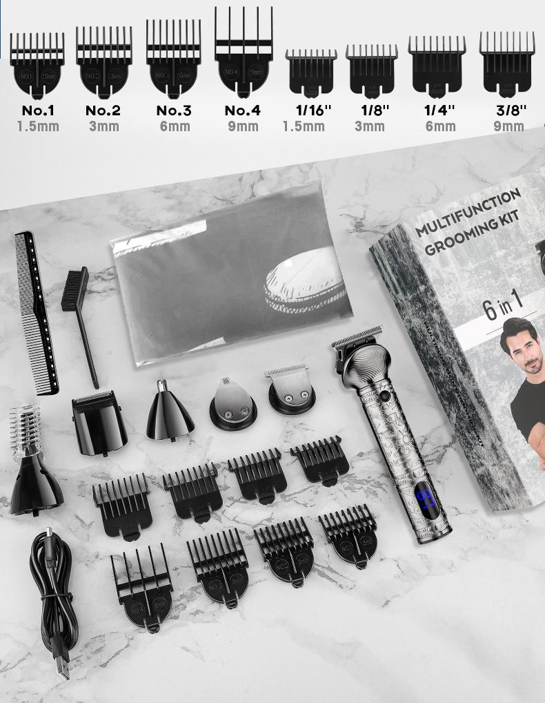 6-in-1 Portable Multi-Functional Grooming Kit: Beard Trimmer, Nose Hair Trimmer, Hair Clipper & Electric Shaver