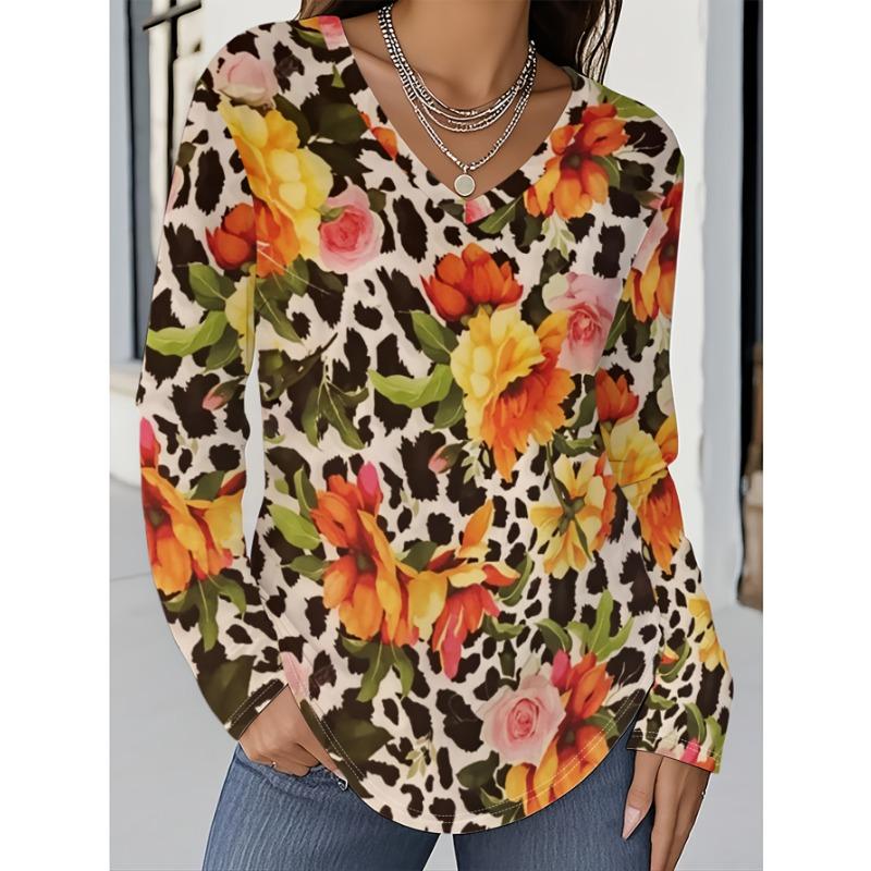Plus Size, Women s Autumn/Winter  Arrival Fashion Printed Casual V-Neck Long Sleeve T-Shirt S