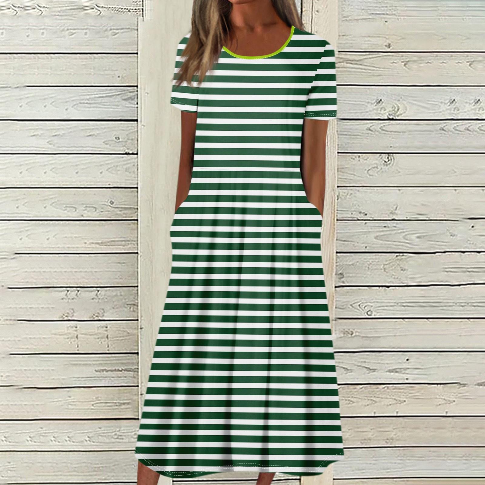 Женское летнее повседневное модное платье с коротким рукавом и карманом с круглым вырезом — фото 8