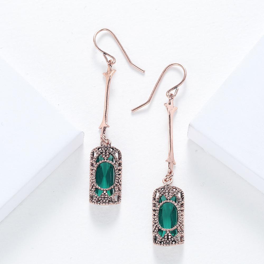 Women Zinc Alloy Jewelry Cylinder Shape Vintage Green Glass Hook Dangle Earring Accessories