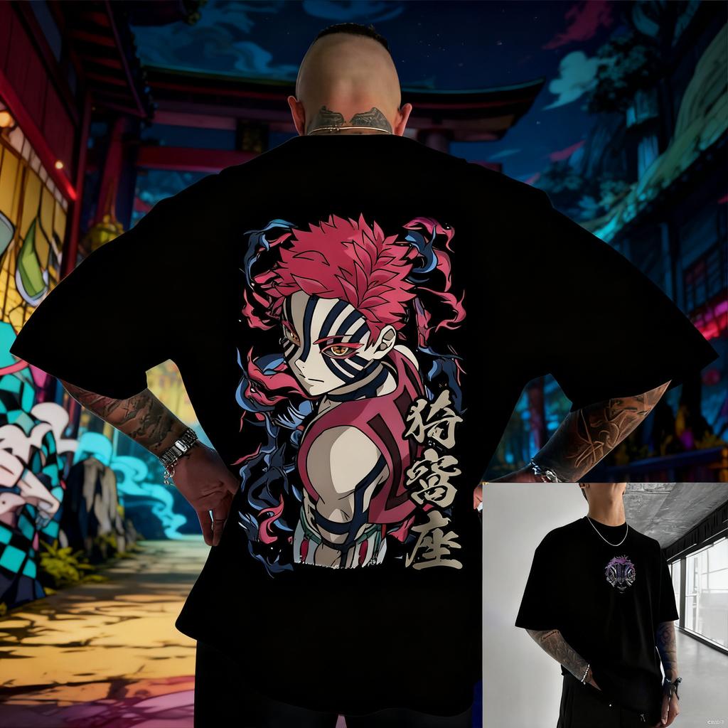 Oversized Demon Slayer Akaza Anime Mens Tshirt Cotton Women Short Sleeve Tops Summer Streetwear Graphic Tee Casual Y2k Clothes
