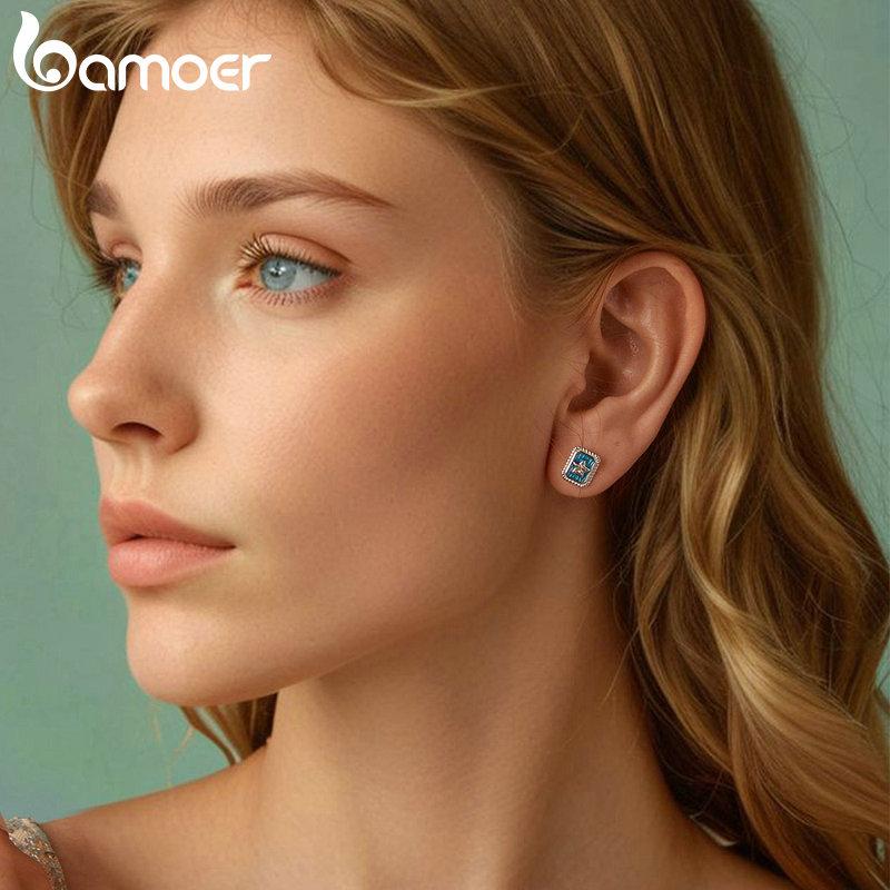 Bamoer Solid 925 Sterling Silver Vintage Star CZ Stud Earrings for Women Gift Retro Denim Blue Enamel Earrings