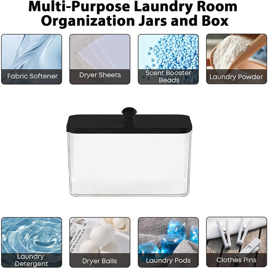 Acrylic Container Storage Box, Dryer Sheet Holder, Clear Tissue Box Holder with Black Lid for Laundry Room Organization