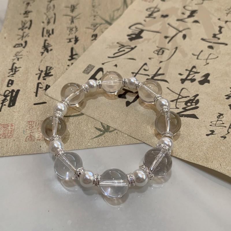 Natural White Quartz Crystal Bracelet Women 14mm Large Beads Handmade Strand Jewelry With Shell Elegant Minimalist