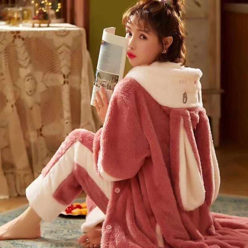 Piżama damska jesień/zima flanelowa polarowa gruba koszula nocna długa śliczna koralowa polarowa odzież domowa może być noszona na zewnątrz wygodna