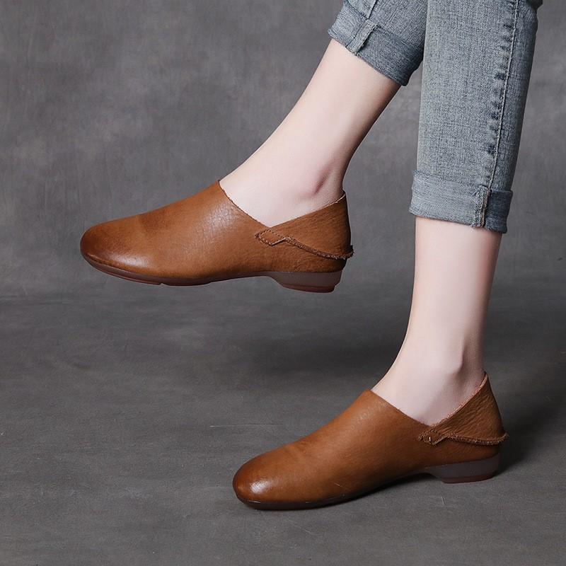 Johnature Genuine Leather Loafers Round Toe Soft Soled Versatile Soft Cowhide Women's Low Heeled Leisure Shoes