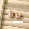 Handmade Baroque Pearl Earrings With Impressionist Garden Design Post Copper Base Matte Gold Green Finish