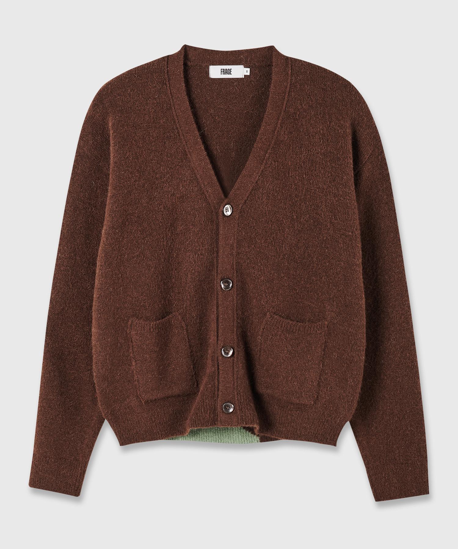 Prage Alpaca Semi-Crop Color Block Knit Cardigan - Brown Brown/M