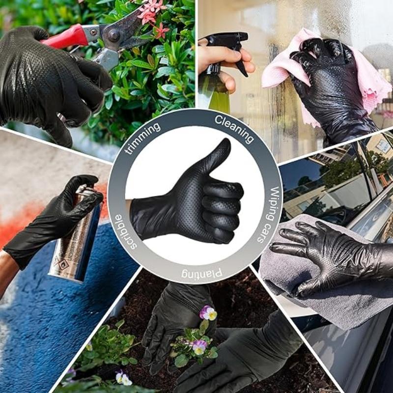 8Mil Heavy Duty Black Nitrile Gloves Disposable Anti-Slip Gardening Gloves with Diamond Textured Grip Working Cleaning Gloves