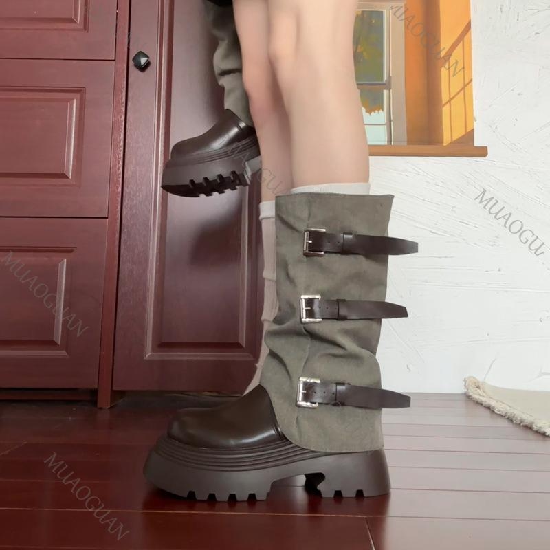 Mode Western Cowboy Mid-Calf Stiefel Damen Dicke Sohle Hosen Stacked Lang Ritter Botas Herbst Gürtelschnalle Retro Klobiger Absatz Schuh