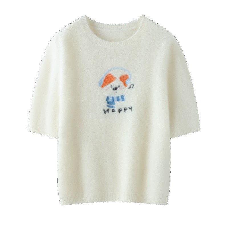 2026 Autumn/Winter Women's Cashmere Wool Short Sleeve Sweater with Embroidered Dog Design
