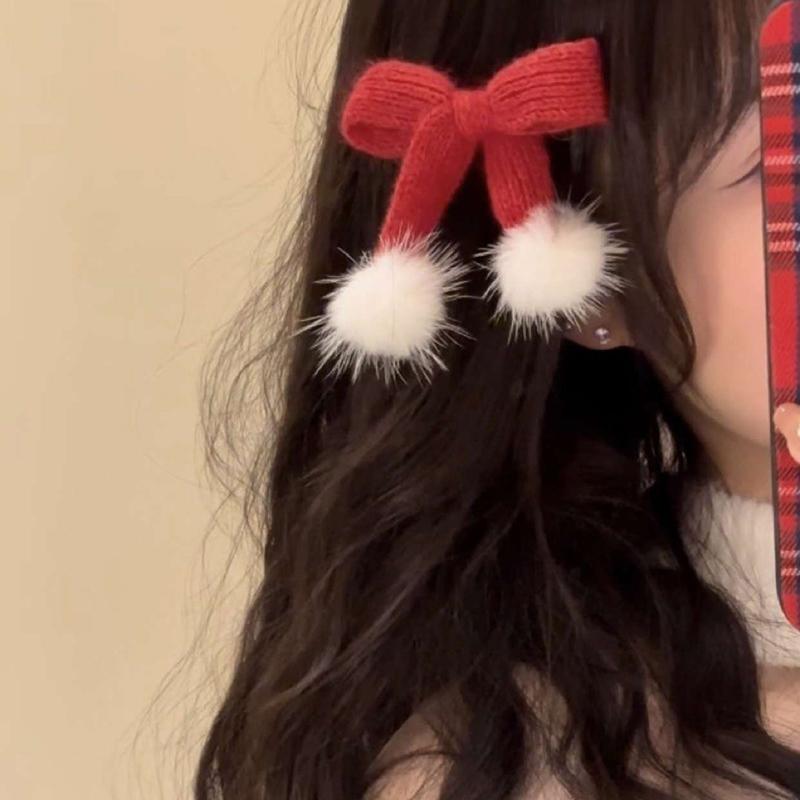

Pompom Bow Hair Clip For Girl Red Sided Clips New Year Headwear Christmas Barrettes Women Hair Accessories Sweet Bowknot Hairpin others