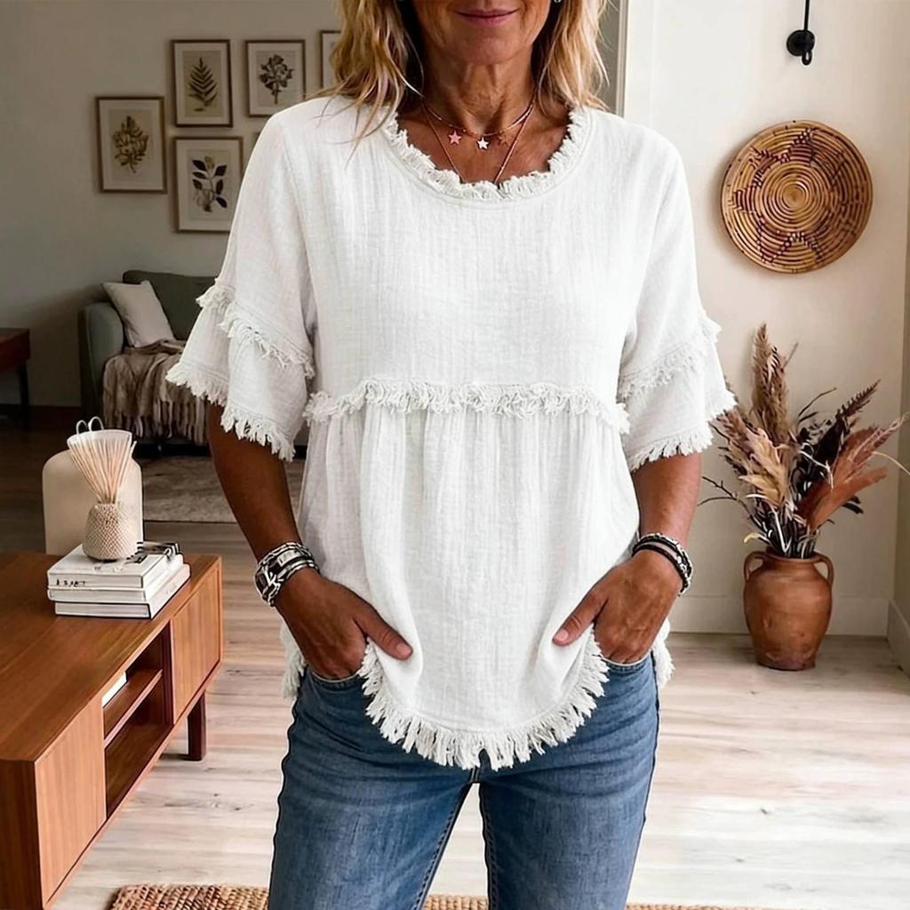 2026 European & American Loose Fit Women's Casual Short Sleeve Round Neck Pullover Top