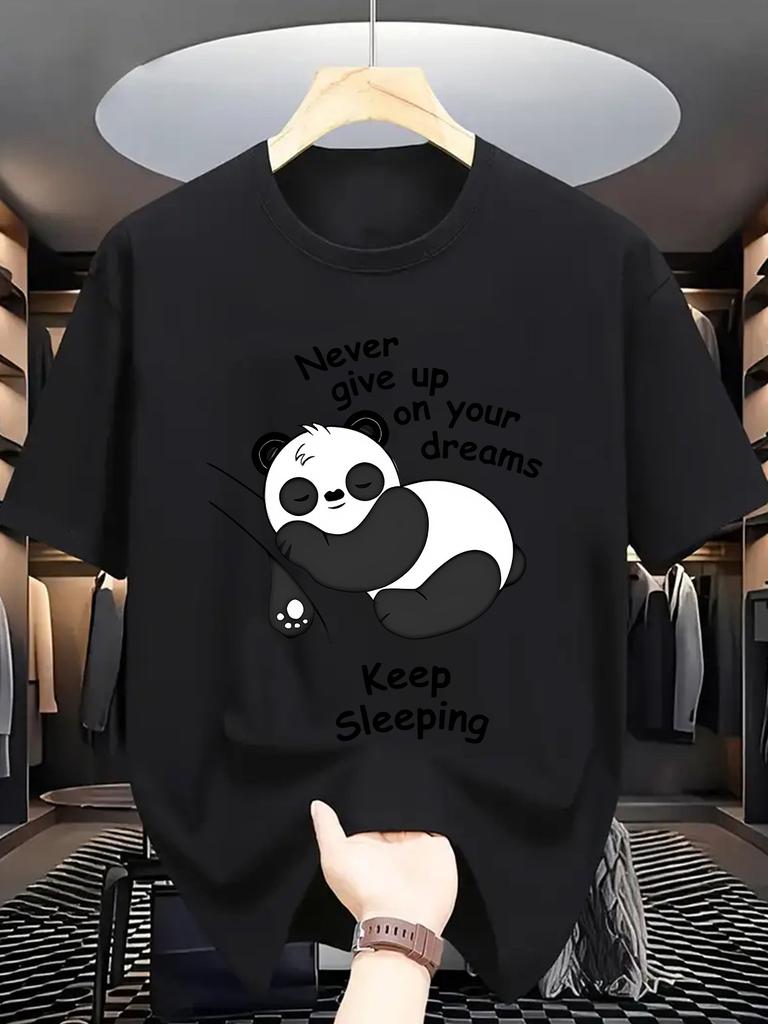 Animal Graphic T Shirt For Unisex Sleeping Panda Funny Slogan Crew Neck Tee Lazy Mood Cartoon Print Casual Daily Outfit Tops