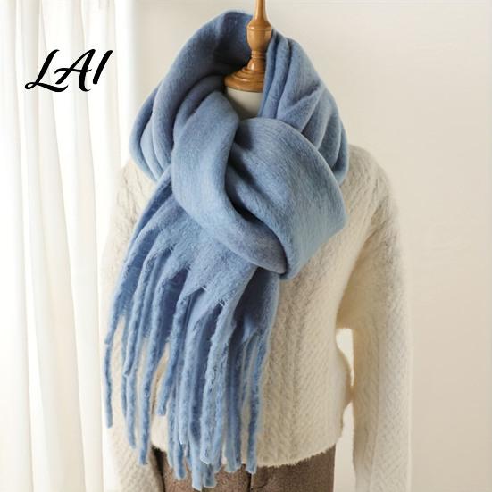 Oversized Cozy Winter Scarf Thickened Imitation Rabbit Velvet with Tassels for Women Solid Color Stylish Long Draped Neck Wrap Warm Shawl,