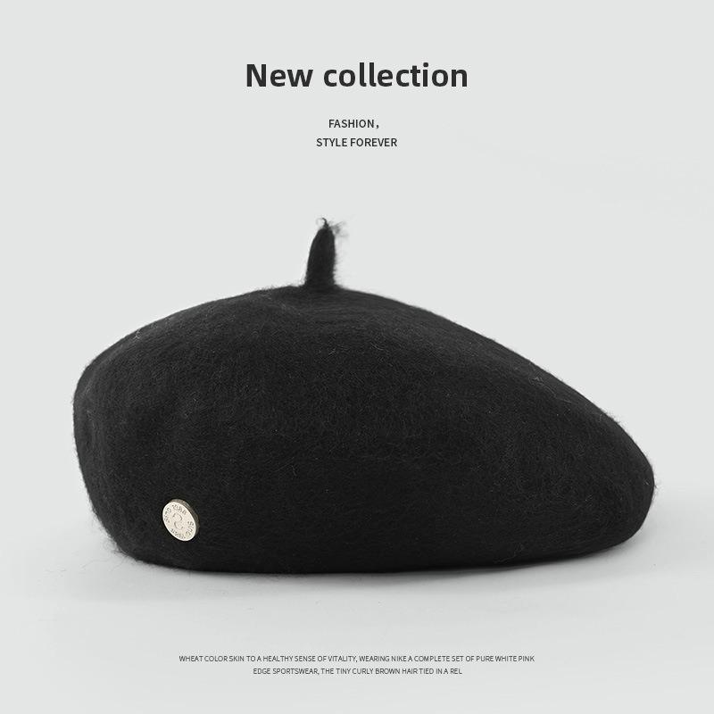 Wool Beret Hat Women's Autumn and Winter Big Head Circumference British Retro Octagonal Painter Hat
