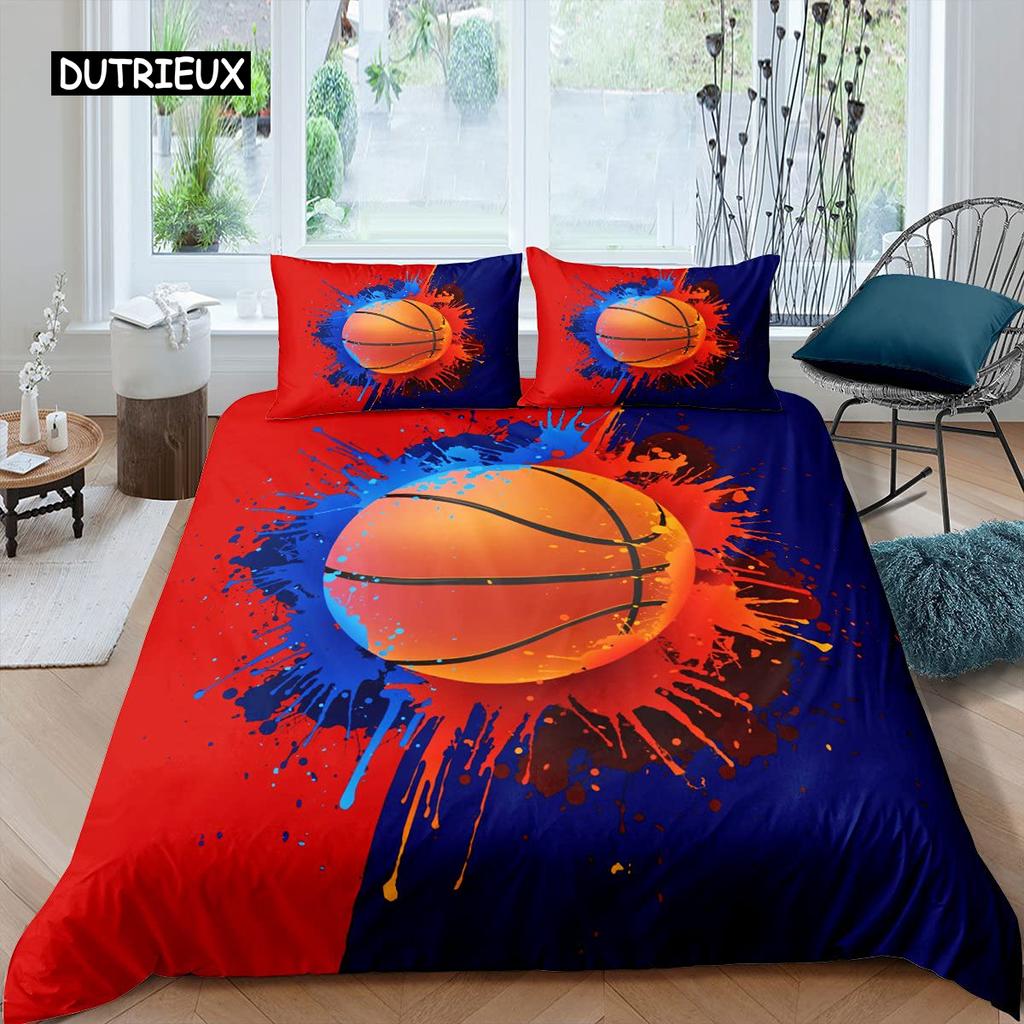 Basketball-Bettbezug-Set, Schwarz, 3D-Bettwäscheset mit Ballsport-Motiv, Mikrofaser, Basketballplatz, Wettkampfspiele, King-Size-Bettbezug