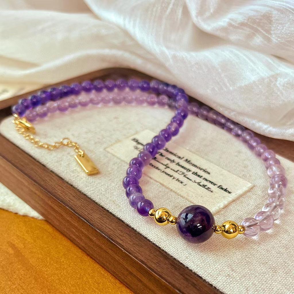 Vintage New Natural Lavender Purple Glass Body Light Amethyst Uruguayan Dark Amethyst Necklace