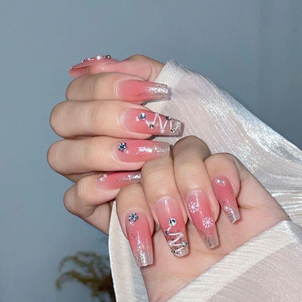 Festive Blush Snowflake Glitter Nails - Christmas & New Year Stickers