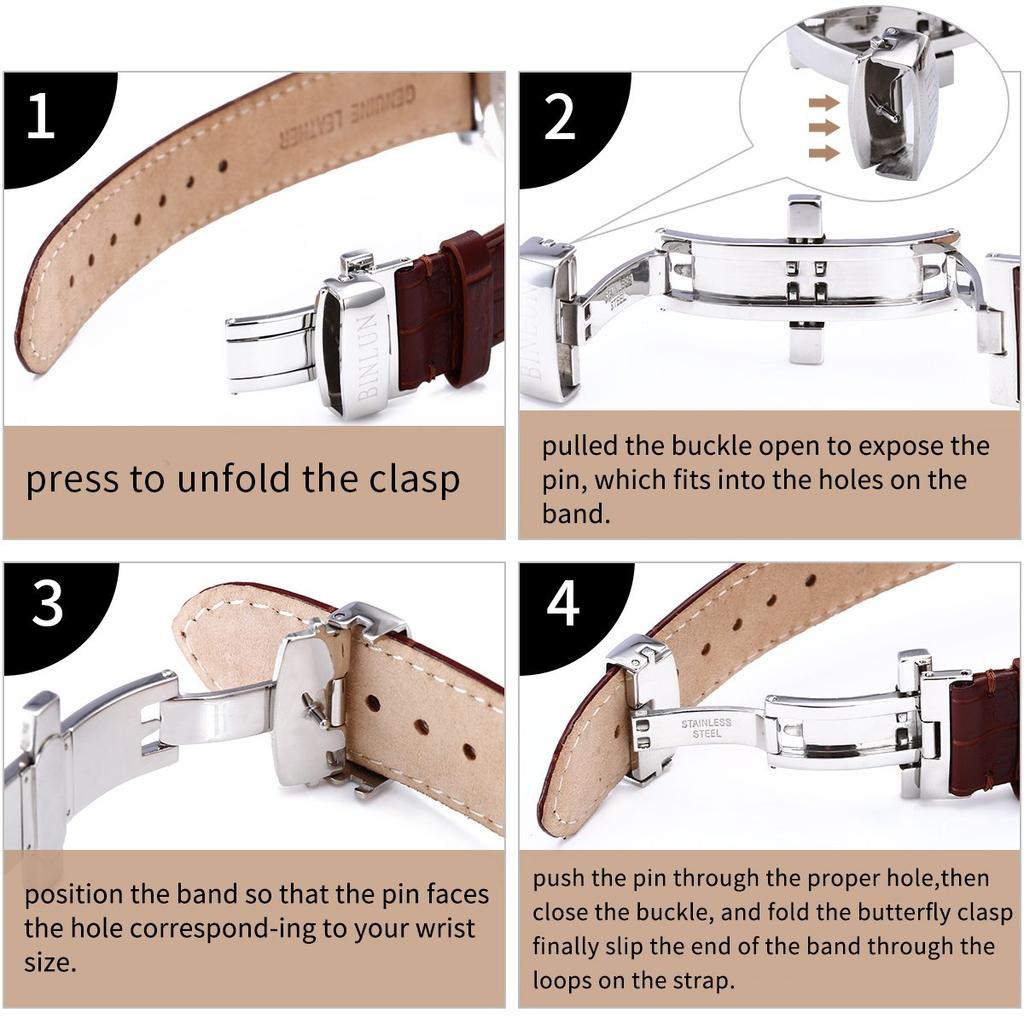 Watch Genuine Leather Replacement Genuine Natural Leather Calf 10 12 Sizes 3 Buckle Colors [BINLUN] Band, Band, Leather, Pattern, Leather, Unisex,