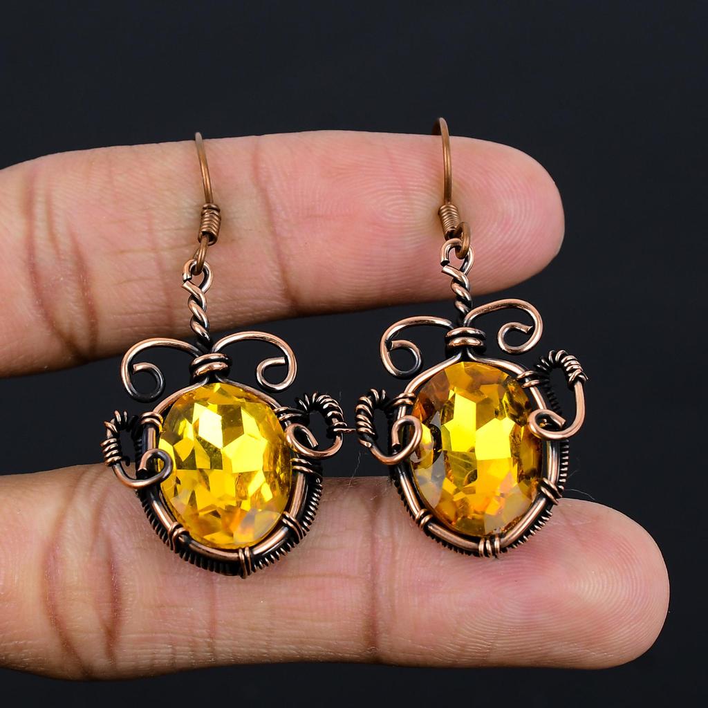 Citrine Earrings, 999 Copper Wire Wrapped Gemstone Jewelry, Handmade Earrings, For Thanksgiving
