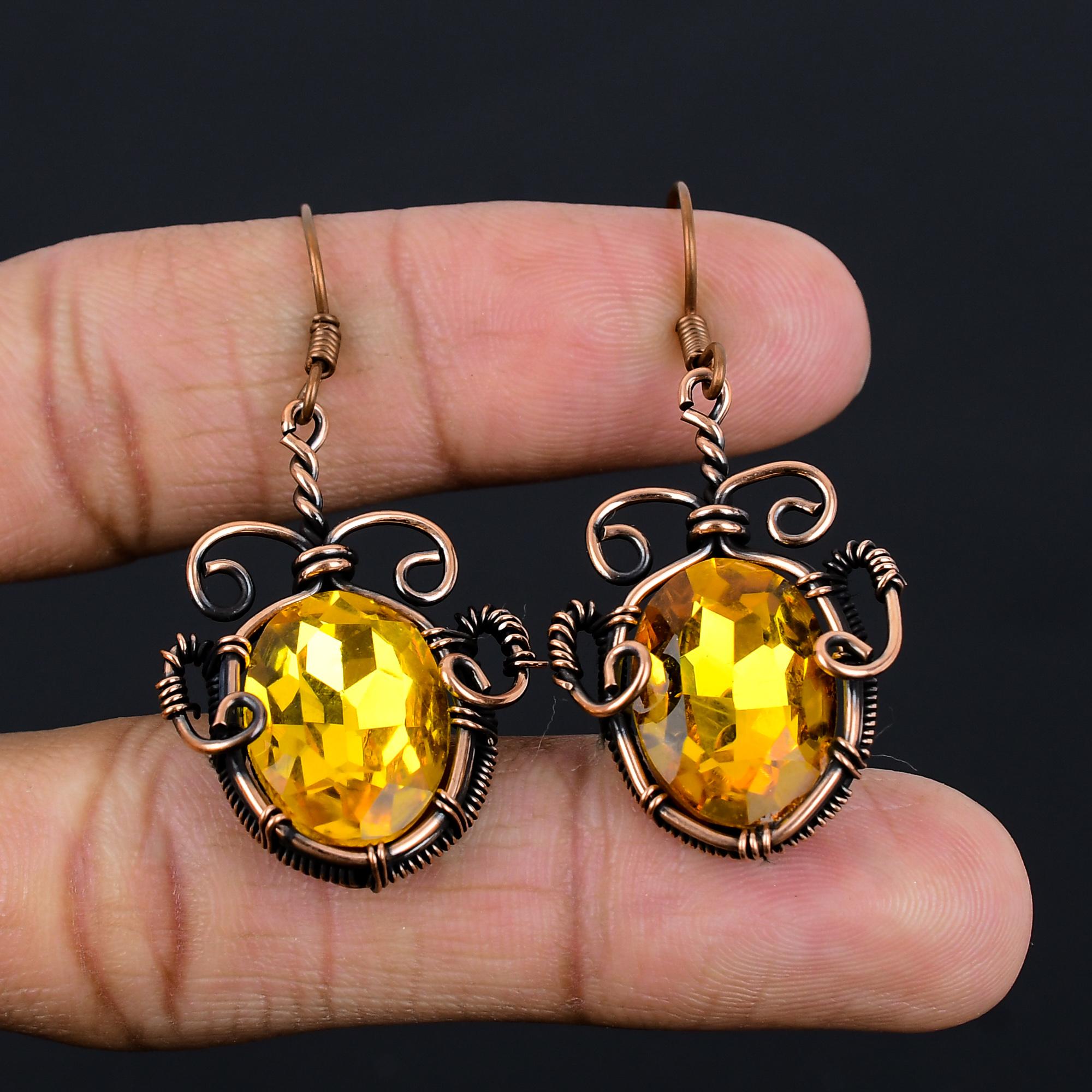 

Серьги с цитрином, Ювелирные изделия из драгоценных камней, обернутые медной проволокой 999 пробы, Серьги ручной работы, На День благодарения 2.55 Inches