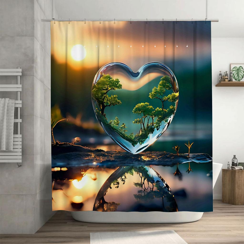 Heart-Shaped Landscape Shower Curtain - Waterproof, Mildew-Resistant, Machine Washable for Romantic Bathroom Decor