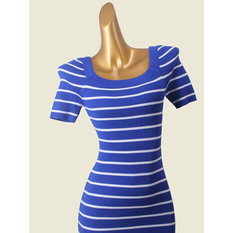 American Brand Stripes Square Collar Bodycon Dress Foreign Trade Original Order Short Sleeve Silm Sheath Fall and Winter Base Dress